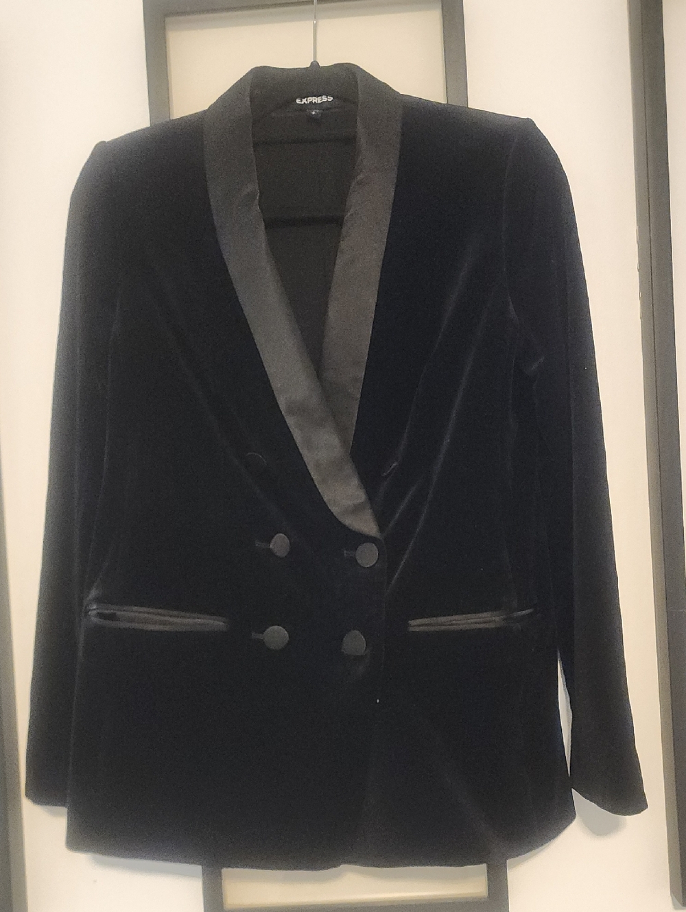 Express Black Velvet Double-Breasted Blazer with Satin Lapel